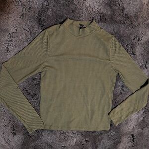 Stylish Olive Ribbed Long Sleeve Top Size L